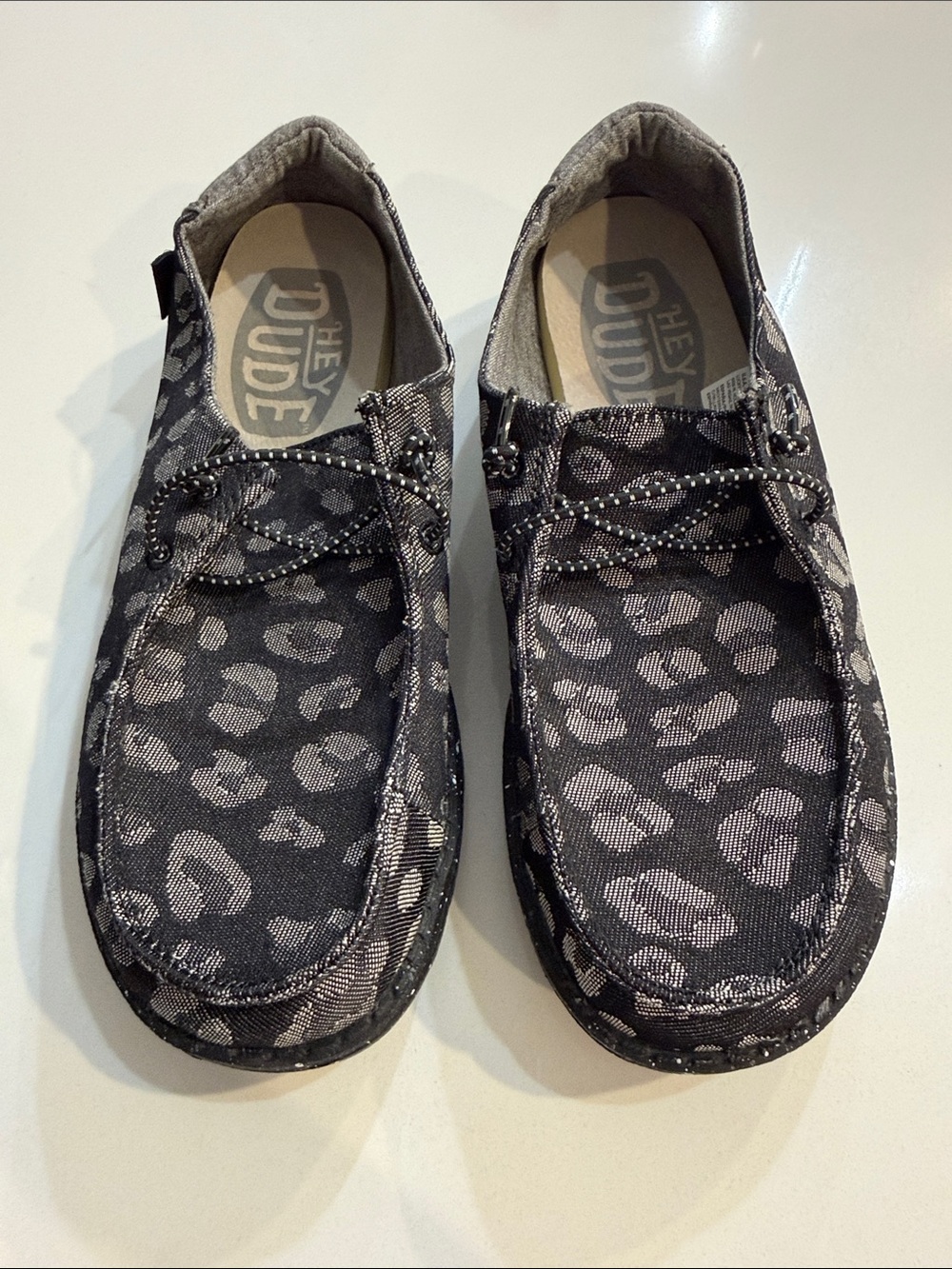 HEYDUDE Wendy Bridgeport Leopard Print Black Grey Loafers Shoes | Size 6